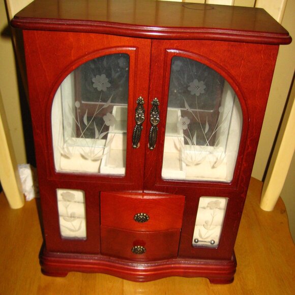 Other - Elegant Red Wood Jewelry Cabinet with Glass Doors
